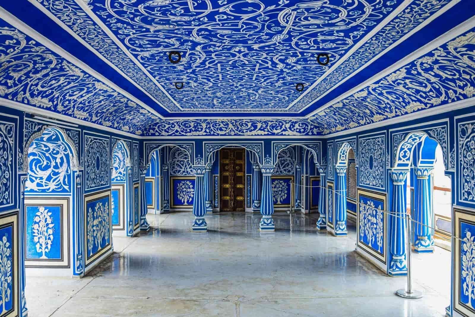 a blue and white painted ceiling