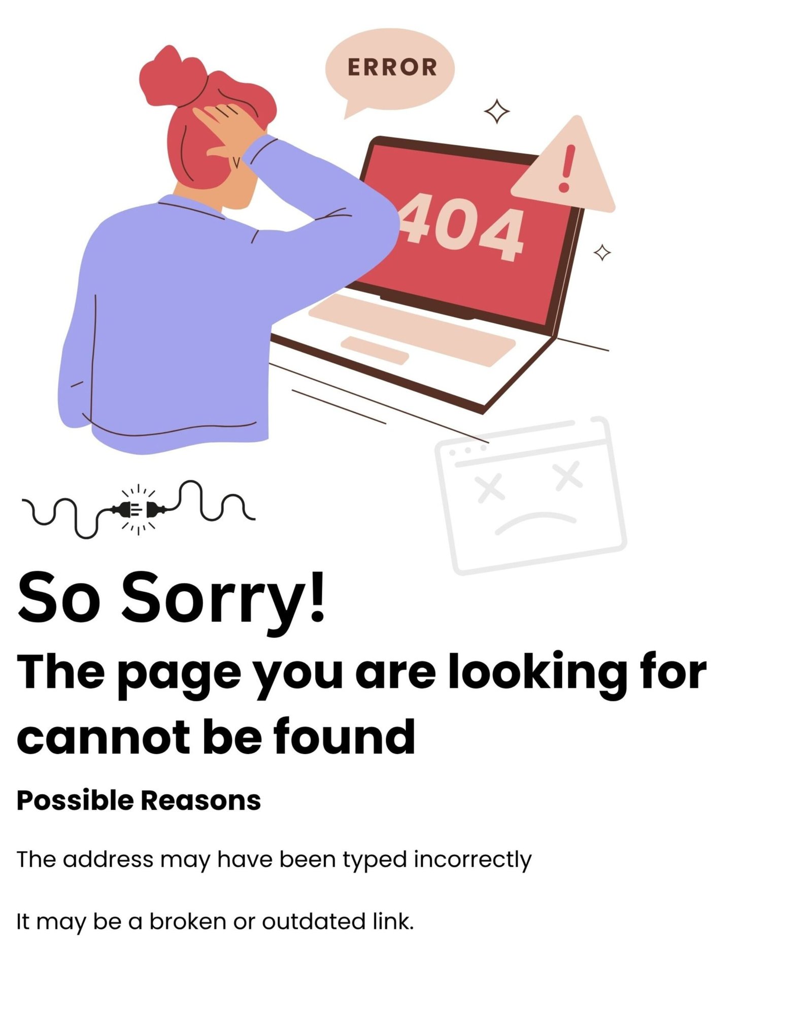 Illustration of a woman looking at a laptop showing '404 error', with message '