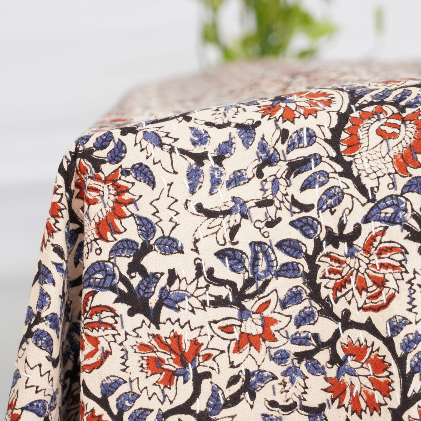 Red Blue Floral Kantha Quilt – Handmade Cotton Block Print Bedspread