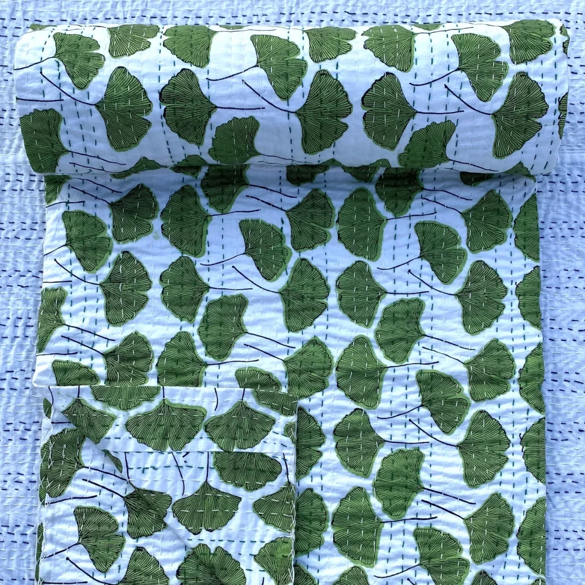 Green Leaf Kantha Quilt – Handmade Cotton Block Print Bedspread