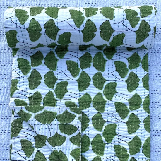 Green Leaf Kantha Quilt – Handmade Cotton Block Print Bedspread