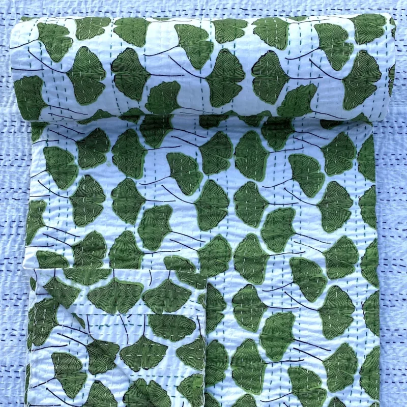 Green Leaf Kantha Quilt – Handmade Cotton Block Print Bedspread