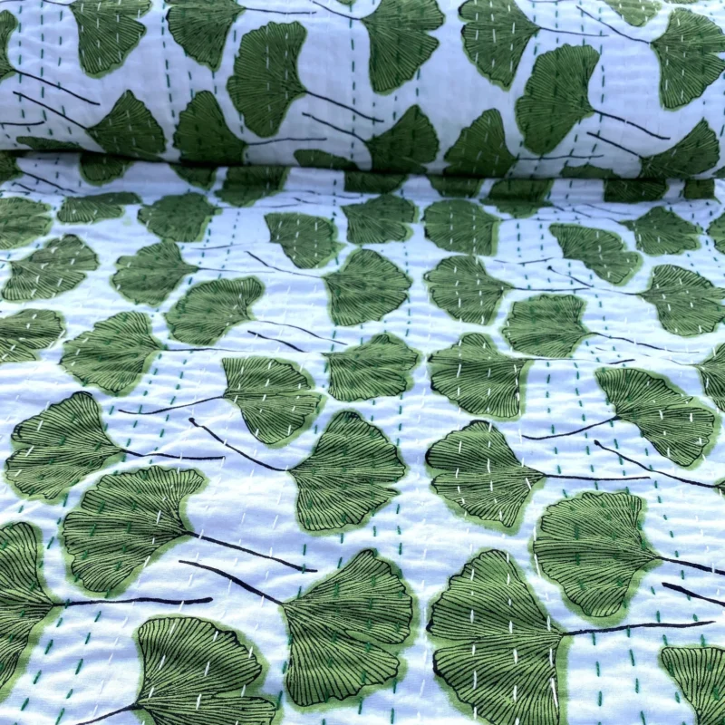 Green Leaf Kantha Quilt on Bed – Handmade Cotton Block Print Bedspread by OmraDecor
