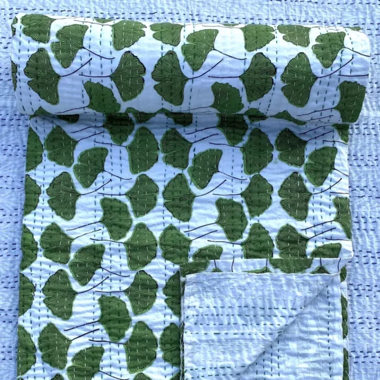 Green Leaf Kantha Quilt on Bed – Handmade Cotton Block Print Bedspread by OmraDecor