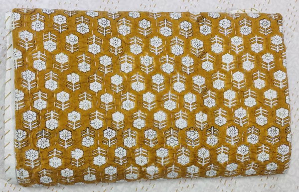 Handmade Mustard Floral Kantha Quilt – Cotton Block Print