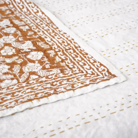 Rust Orange Kantha Quilt with Floral Pattern – Eco Cotton Quilt