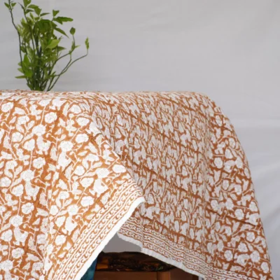 Rust Orange Floral Kantha Quilt – Hand Block Print Cotton Bedspread