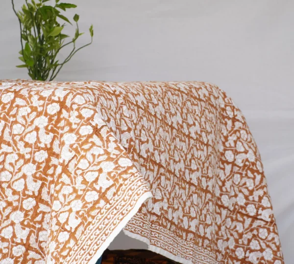Rust Orange Floral Kantha Quilt – Hand Block Print Cotton Bedspread
