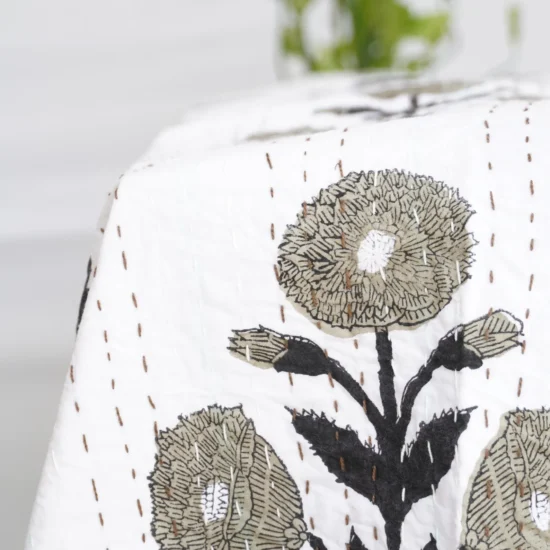 Green Leaf Kantha Quilt on Bed – Handmade Cotton Block Print Bedspread by OmraDecor