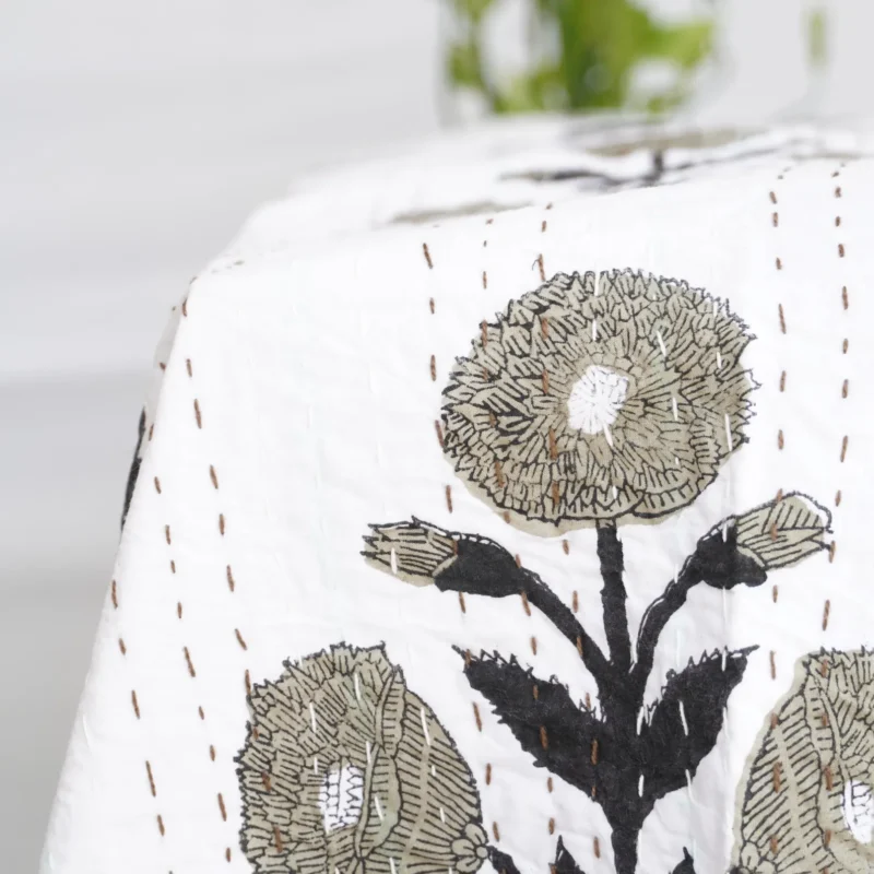 Green Leaf Kantha Quilt on Bed – Handmade Cotton Block Print Bedspread by OmraDecor