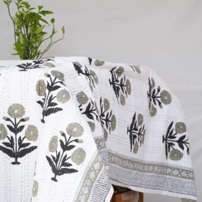Green Leaf Kantha Quilt on Bed – Handmade Cotton Block Print Bedspread by OmraDecor
