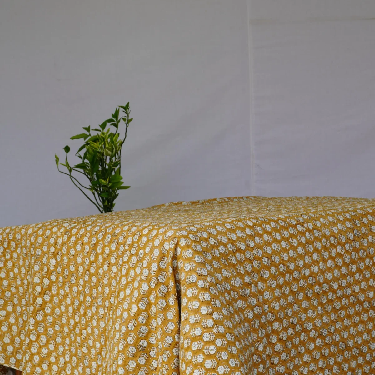 Mustard Yellow Indian Kantha Quilt – Bohemian Cotton Bedding Cover