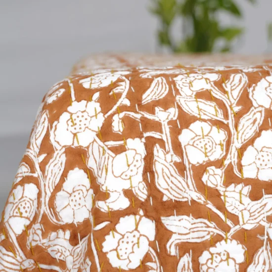 Rust Orange Kantha Quilt with Floral Pattern – Eco Cotton Quilt