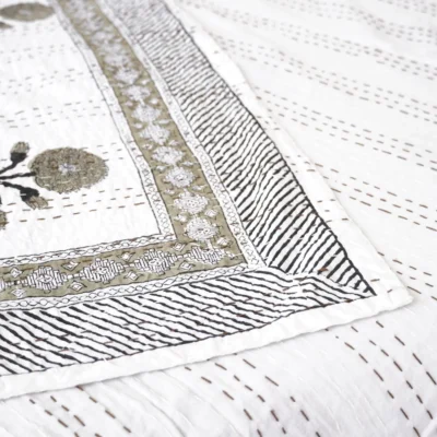 Green Leaf Kantha Quilt on Bed – Handmade Cotton Block Print Bedspread by OmraDecor
