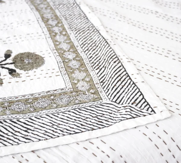 Green Leaf Kantha Quilt on Bed – Handmade Cotton Block Print Bedspread by OmraDecor