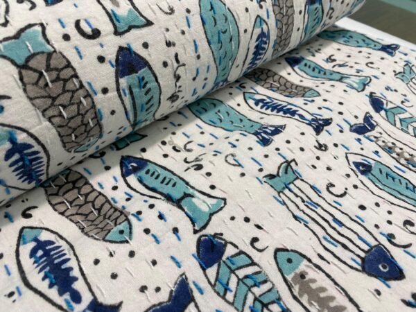 Hand made Fish Print Indian Kantha Quilt in Soft Cotton Bedspread Throw Decor