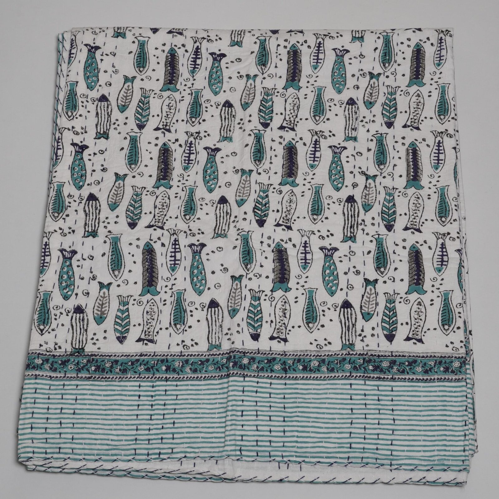 Hand made Fish Print Indian Kantha Quilt in Soft Cotton Bedspread Throw Decor