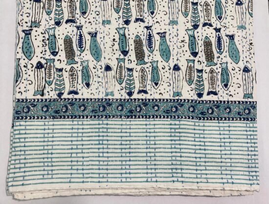 Fish Print Cotton Fabric Handmade Blue Block Print Indian Textile
