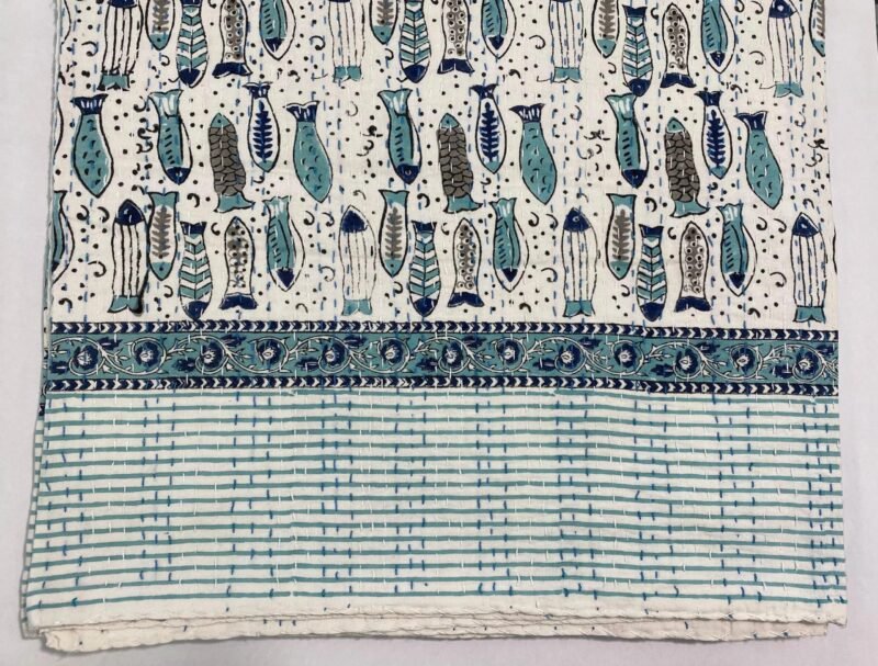 Fish Print Cotton Fabric Handmade Blue Block Print Indian Textile