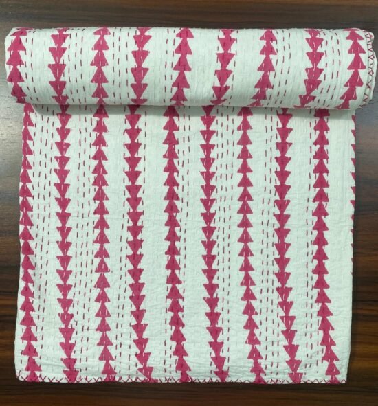 Pink Arrow Kantha Quilt Cotton Handmade Block Print Throw