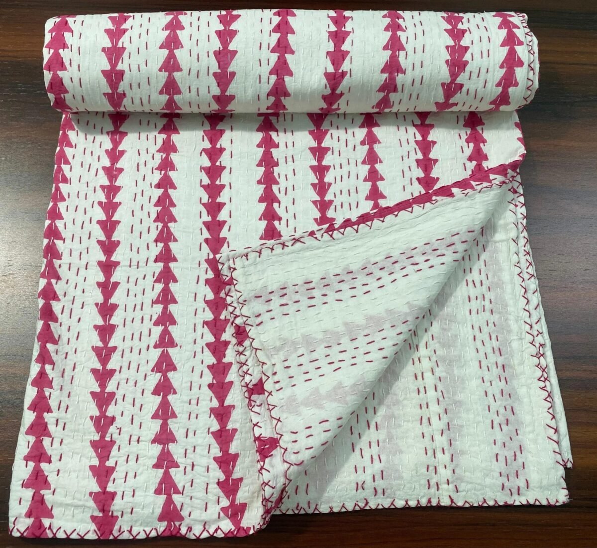 Handmade Pink Block Print Kantha Quilt in Soft Cotton