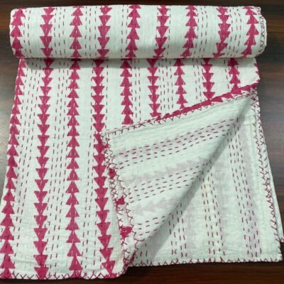 Handmade Pink Block Print Kantha Quilt in Soft Cotton