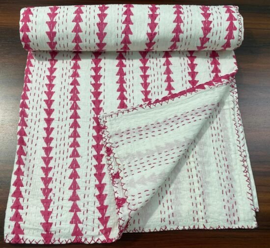 Handmade Pink Block Print Kantha Quilt in Soft Cotton