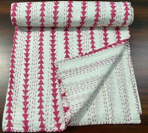 Handmade Pink Block Print Kantha Quilt in Soft Cotton
