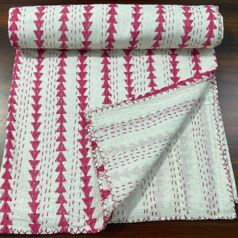 Handmade Pink Block Print Kantha Quilt in Soft Cotton