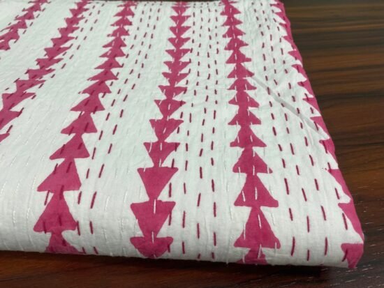 Pink Arrow Kantha Quilt Cotton Handmade Block Print Throw