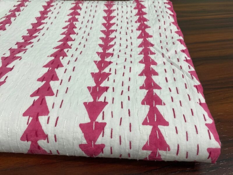 Pink Arrow Kantha Quilt Cotton Handmade Block Print Throw