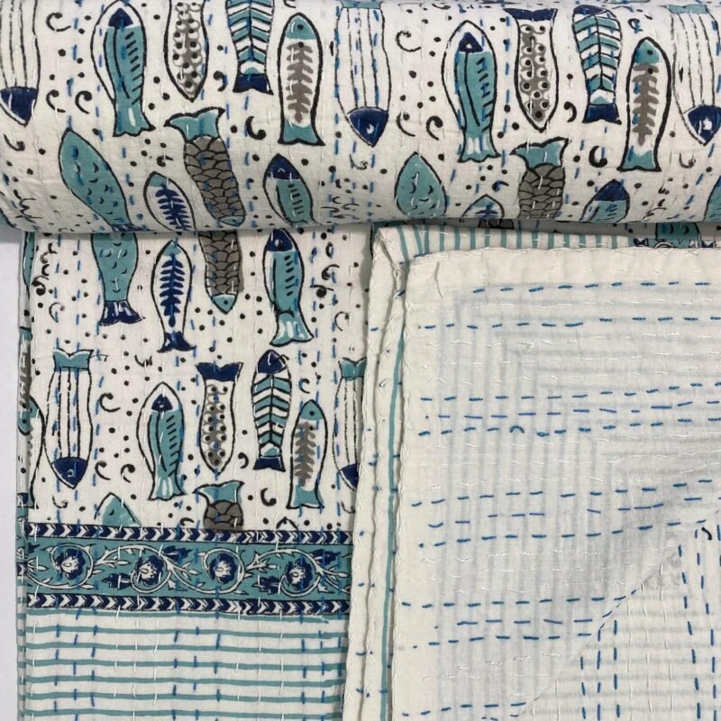 Handmade Fish Print Cotton Quilt