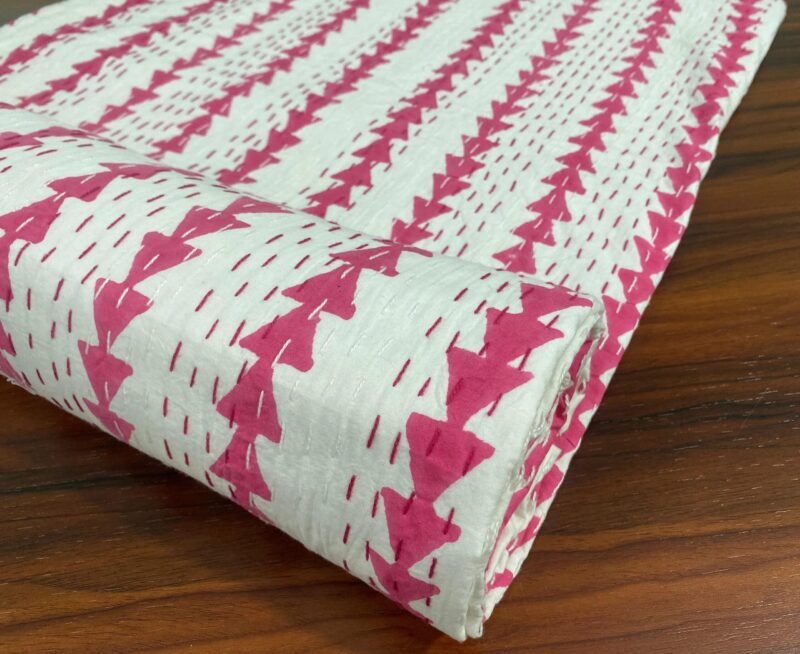 Pink Arrow Kantha Quilt Cotton Handmade Block Print Throw