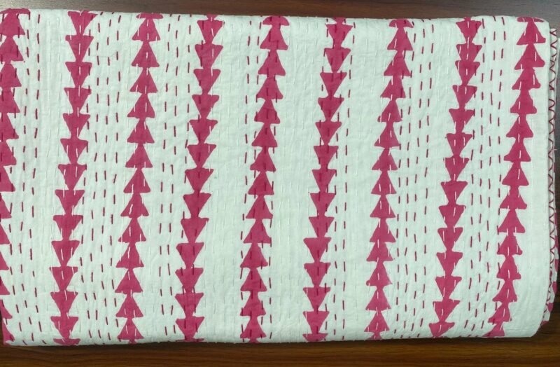 Pink Arrow Kantha Quilt Cotton Handmade Block Print Throw