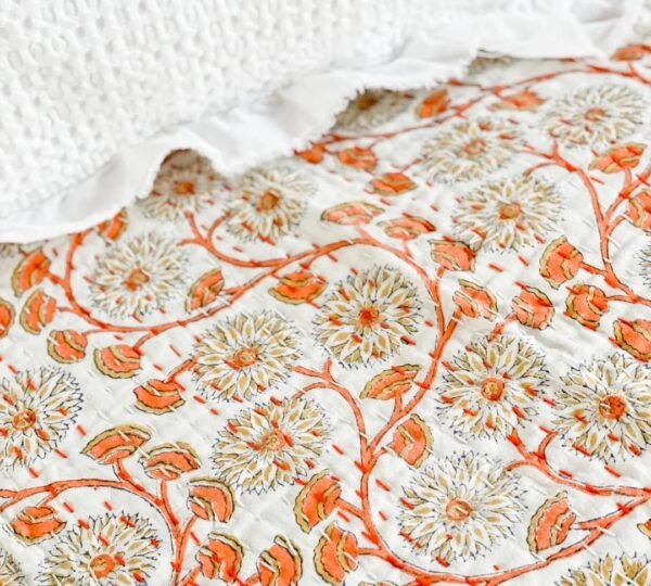 Block Print Cotton Fabric Orange Floral Handmade Indian Textile quilt