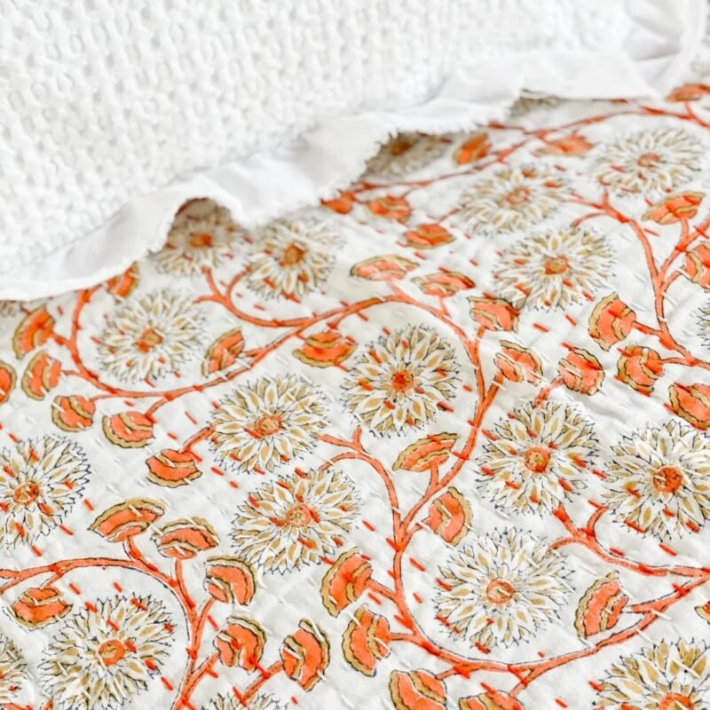 Block Print Cotton Fabric Orange Floral Handmade Indian Textile quilt