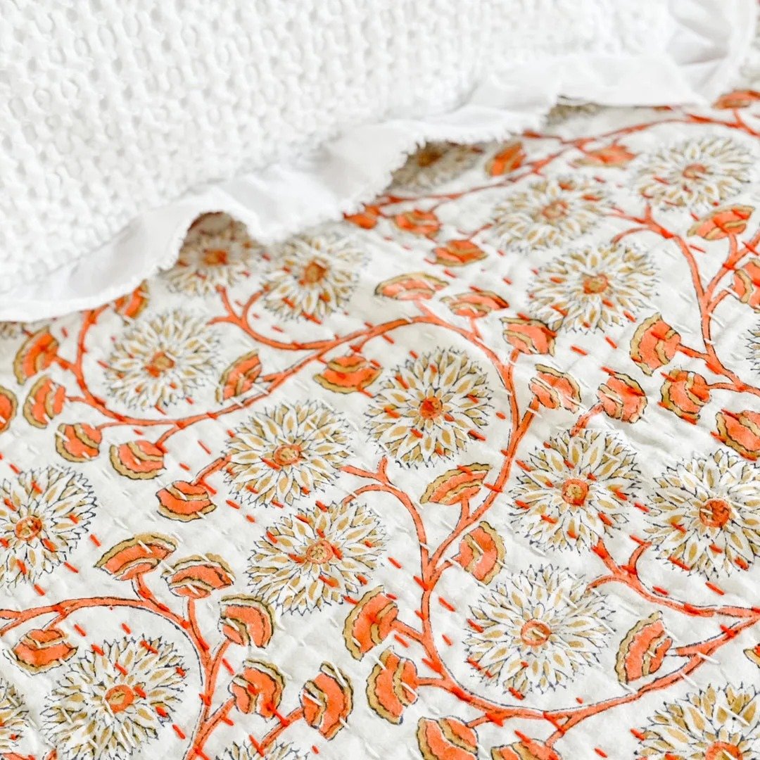 Home 2 Block Print Cotton Fabric Orange Floral Handmade Indian Textile quilt