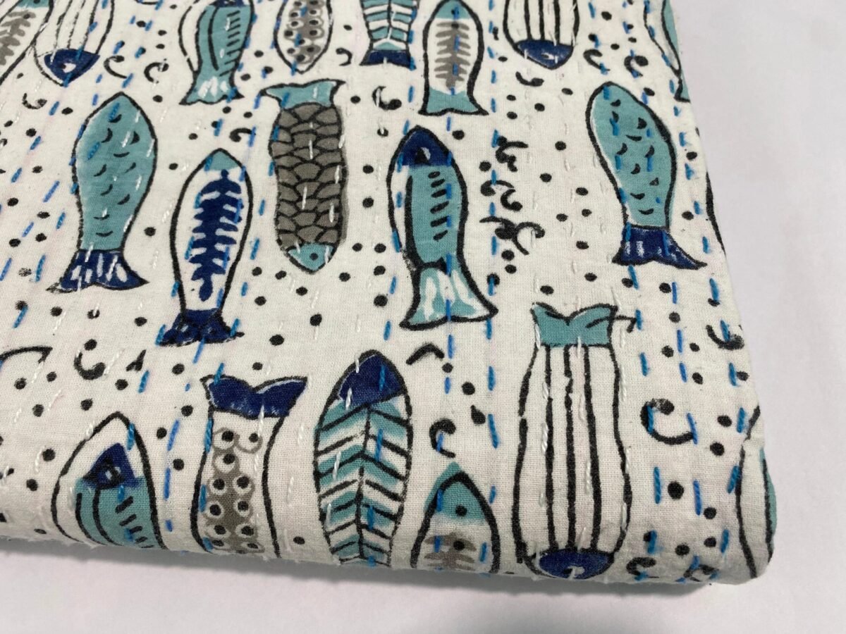 Fish Print Cotton Fabric Handmade Blue Block Print Indian Textile