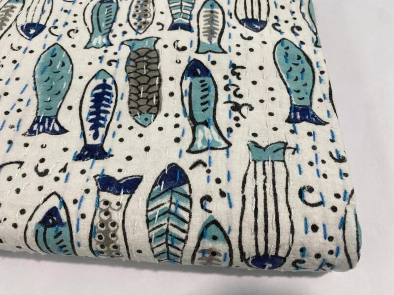 Fish Print Cotton Fabric Handmade Blue Block Print Indian Textile