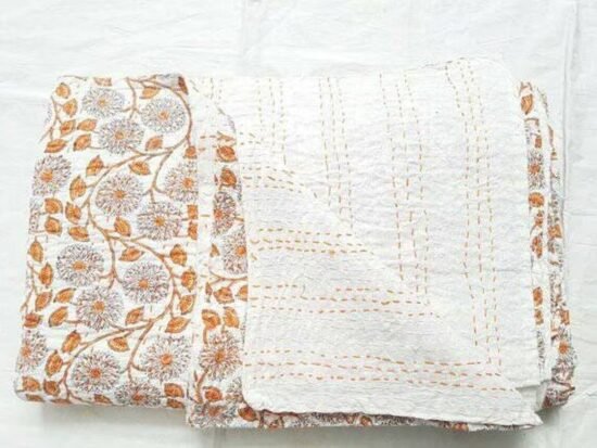 Block Print Cotton Fabric Orange Floral Handmade Indian Textile quilt
