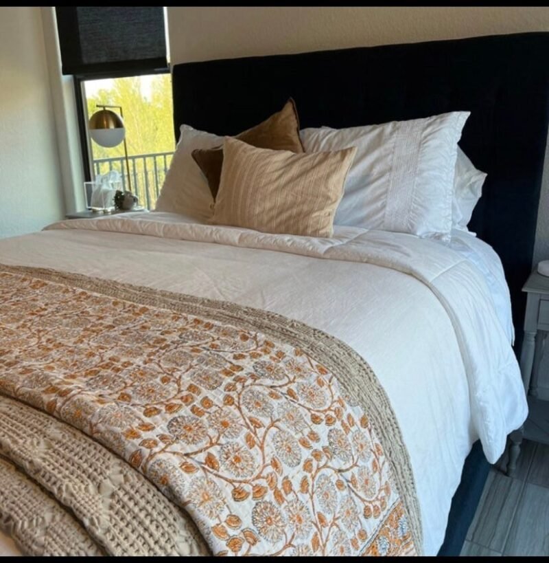 Block Print Cotton Fabric Orange Floral Handmade Indian Textile quilt