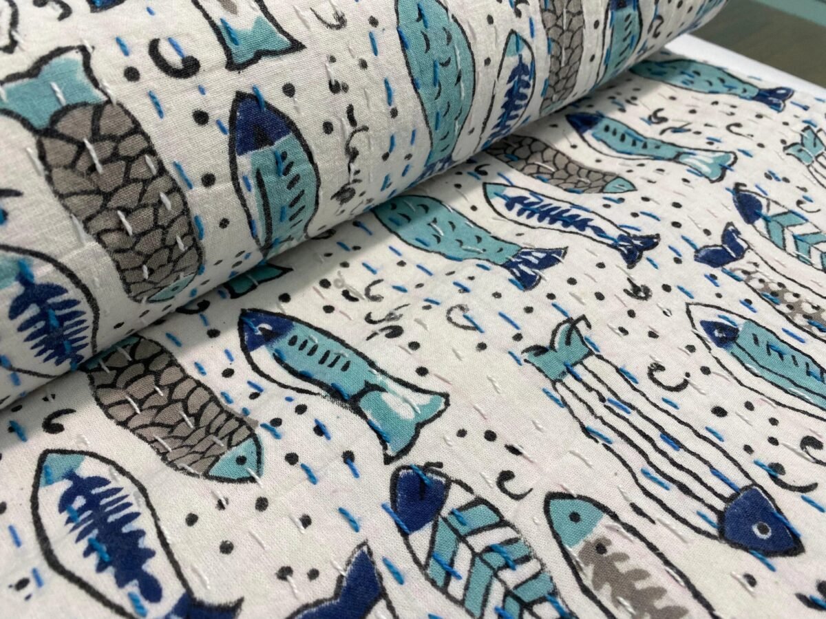 Fish Print Cotton Fabric Handmade Blue Block Print Indian Textile