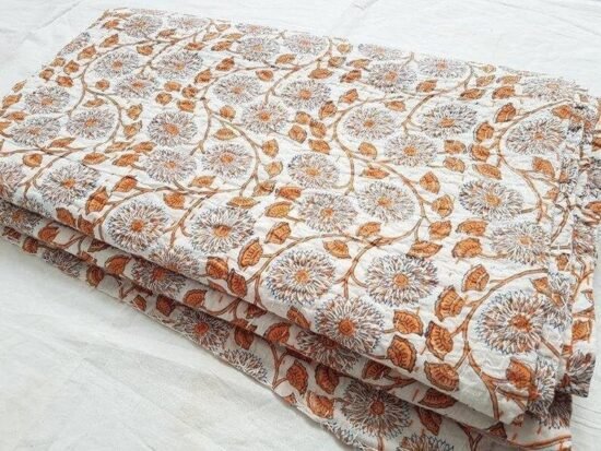Block Print Cotton Fabric Orange Floral Handmade Indian Textile quilt