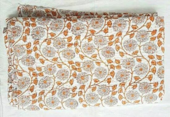 Block Print Cotton Fabric Orange Floral Handmade Indian Textile quilt