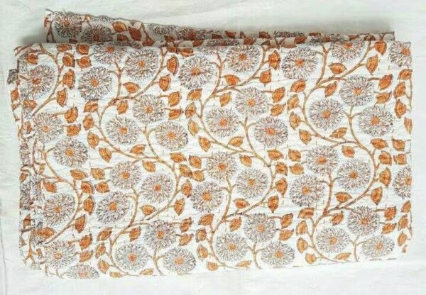 Block Print Cotton Fabric Orange Floral Handmade Indian Textile quilt