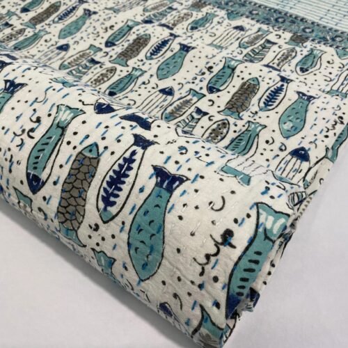 Home 7 Fish Print Cotton Fabric Handmade Blue Block Print Indian Textile