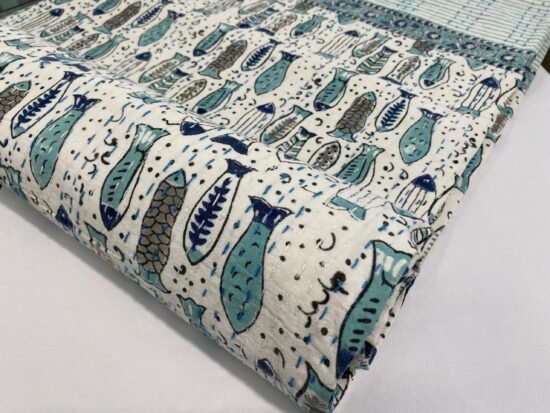 Fish Print Cotton Fabric Handmade Blue Block Print Indian Textile
