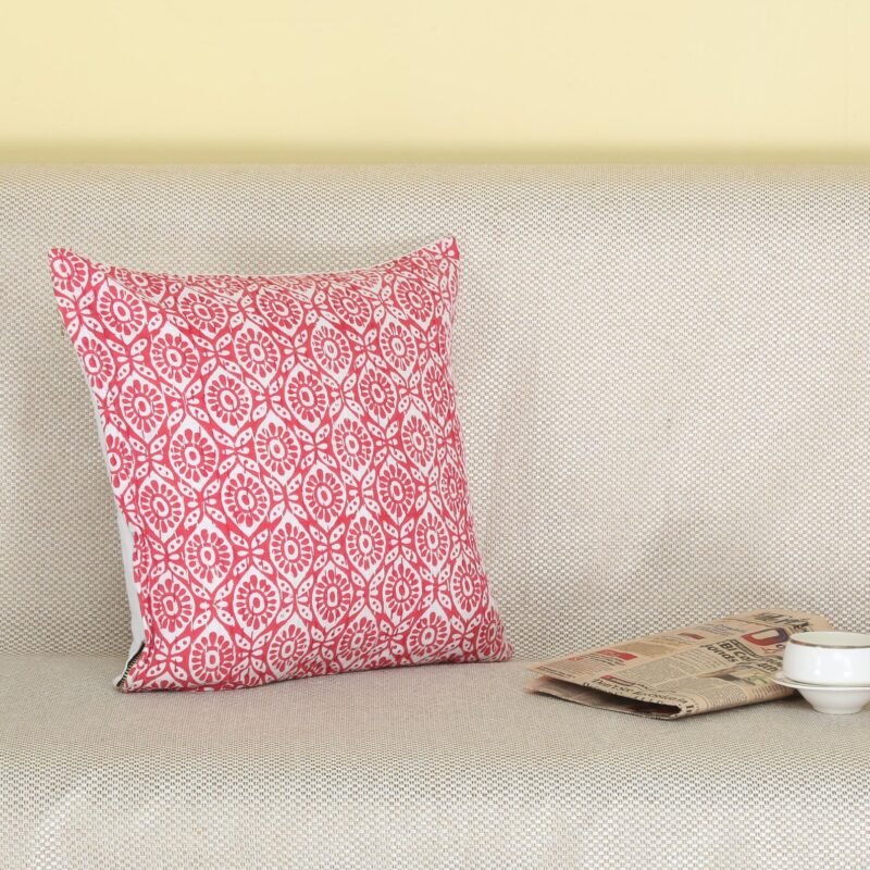 Handmade Pink Floral Cotton Cushion Cover– Block Print