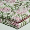 Handmade pink floral block print Kantha quilt on white cotton fabric