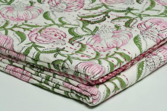 Handmade pink floral block print Kantha quilt on white cotton fabric